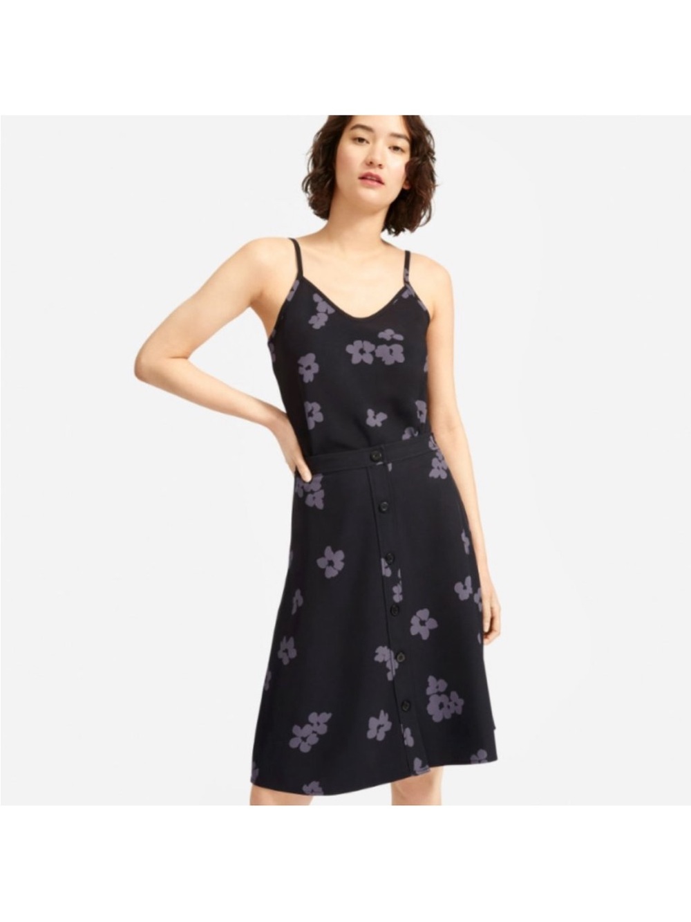 Everlane Black Floral Japanese Goweave Midi Skirt With Button Front